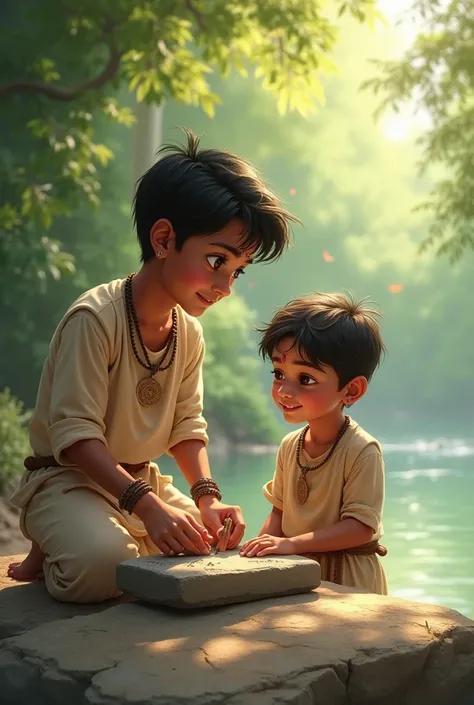 A boy (Arjun) writing on a stone while another boy (Ravi) stands nearby, smiling.
