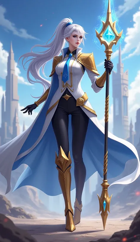 A full body view of Imperial Knightess Silvanna from Mobile Legends with sleek, platinum or silver hair tied back into a polished low ponytail, combining elegance and practicality. The hairstyle features soft, swept-back bangs that gently frame the face, a...