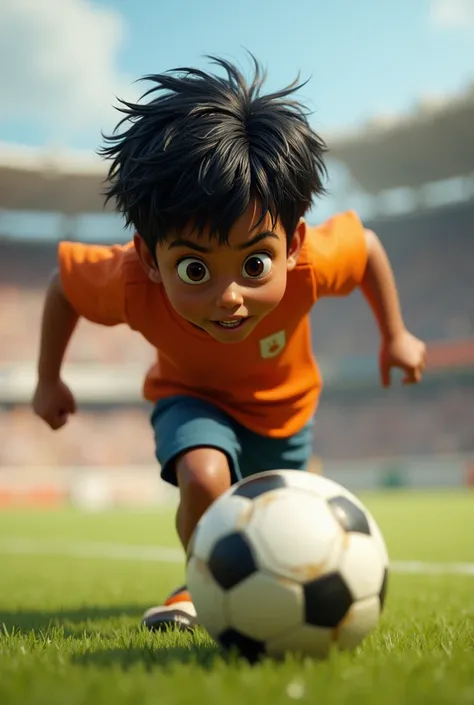 A picture of a brown boy with black hair, oily hair, black eyes, bigger body, smaller head and taller. He is  running after the ball as if it were his dream