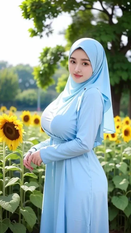  a beautiful young woman hijab, (((super big breast))), (very huge big breast covered) perfect face, (((very huge big breast,))), ((( Big Breast))) long dress muslim, Slim Face、19 years old, stil young, Pretty Lady,  Blue Eyes, sunflower garden, stand up, ...