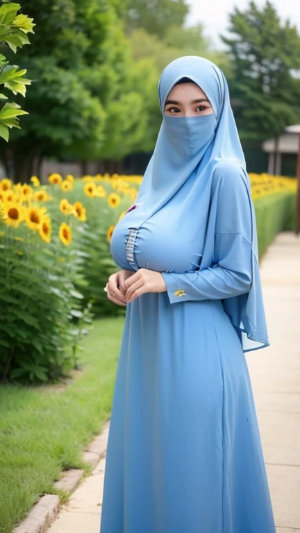  a beautiful young woman hijab, (((super big breast))), (very huge big breast covered) perfect face, (((very huge big breast,))), ((( Big Breast))) long dress muslim, Slim Face、19 years old, stil young, Pretty Lady,  Blue Eyes, sunflower garden, stand up, ...