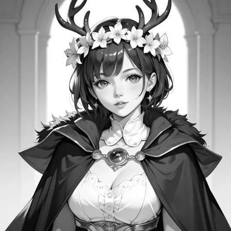  wearing cape girl with short hair wearing cape and flower crown drawing anime black and white with details and deer horns wearing shirt under cape