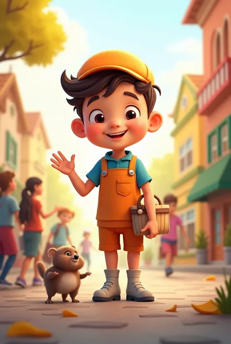 Small cartoon character boy helping others
