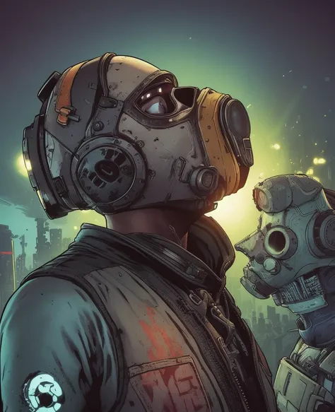  man in gas mask cartoon characters,  profile picture 1024px,  Borderland art style ,  Borderlands 3 style ,  realistic etherpunk , from valve, Borderlands Style,  Duke Nukem art style , eldritch punk,  muscularity!  cyberpunk, Avatar Image,  profile pictu...