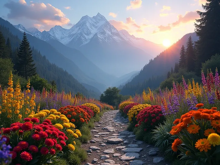 Title: “Mystical Garden at the Foot of Manaslu”

Prompt: A vibrant garden filled with flowers at the base of the Manaslu mountains during sunrise. The scene includes colorful flowers,  with the majestic snow-capped peaks of Manaslu in the background. The a...