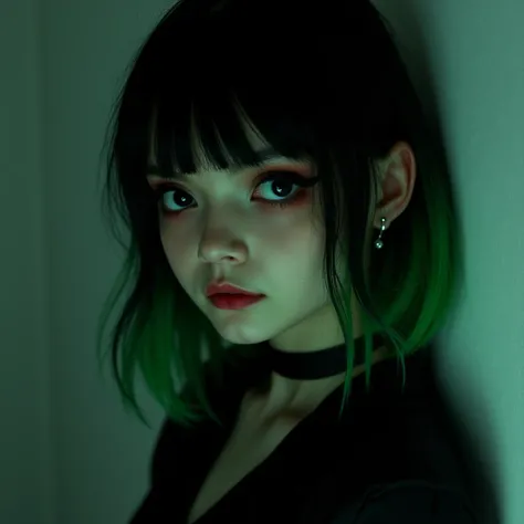 Bitcoin girl. Emo look green black hair , petite