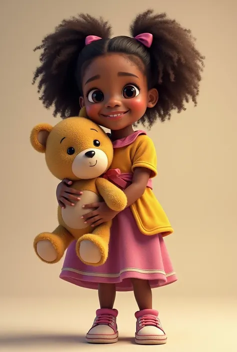 Genre moi une image d’une fille de 9 ans qui sait négocier et gentille de peau noire ou on voit tout son corps qui porte des habits de couleurs avec son ours en peluche