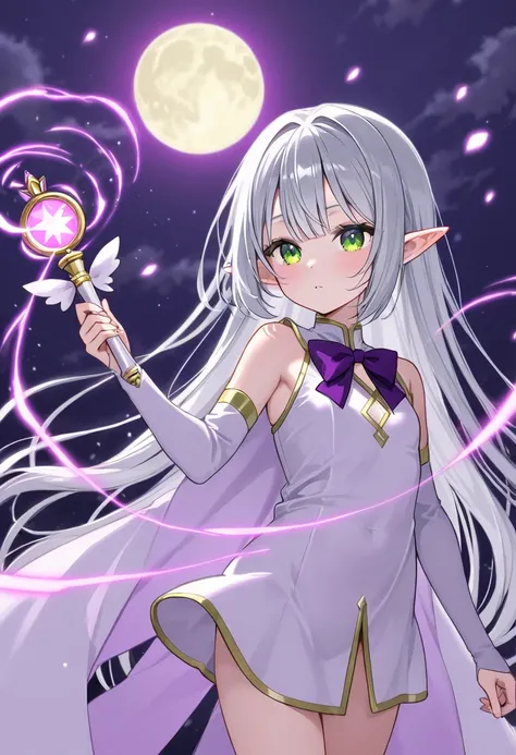  Beautiful Silver Haired Elf Girl、 holding a magic wand、 Cast Magical Spells 、Hair Fluttering in the Wind 、Beautiful full moon night