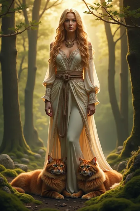 Freya, the Norse goddess of love and beauty, stands poised in a luminous Nordic forest. She is adorned in flowing, intricately detailed fabrics that enhance her elegance. Her golden hair cascades in soft waves, catching the ethereal light around her. At he...