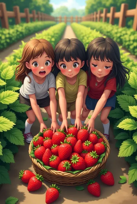 The three girls are trying to steal strawberry 