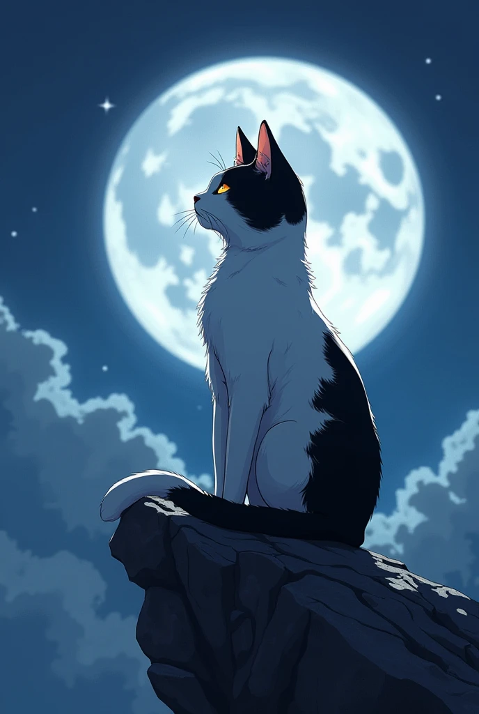 White black tomcat in anime style sitting on a rock and looking at the full moon