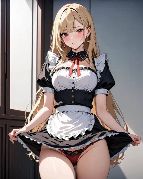  maid clothes, whole body, blush,  Lift Skirt ,  red underwear, Kitagawa Marin, 1girl, blonde hair, long hair, multicolored hair, red eyes, jewelry, earrings, piercing, black choker, masterpiece:1.5, masterpiece, highest quality, UHD, retina, masterpiece, ...