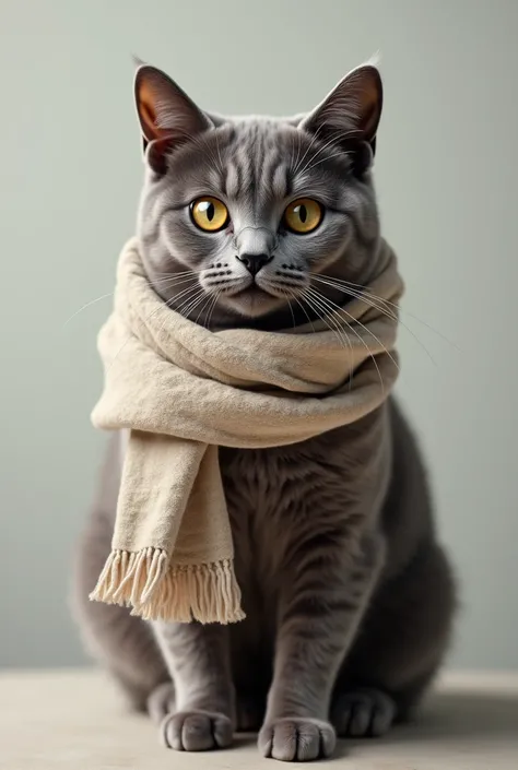 Cat wearing scraf, plain background, hyper realistic 