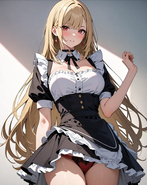  maid clothes, whole body, blush,  Lift Skirt ,  red underwear, Kitagawa Marin, 1girl, blonde hair, long hair, multicolored hair, red eyes, jewelry, earrings, piercing, black choker, masterpiece:1.5, masterpiece, highest quality, UHD, retina, masterpiece, ...