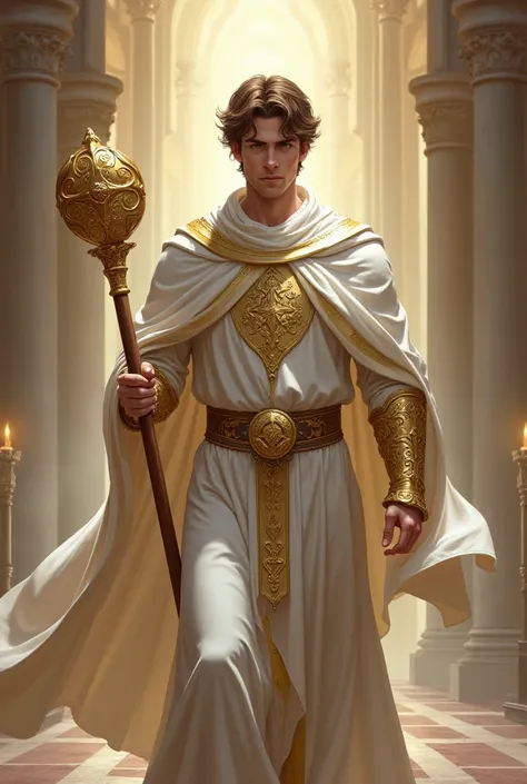 D&D character. Cleric in white robe. Gold mace. Gold bracers. No beard. Gray eyes. Brown hair.