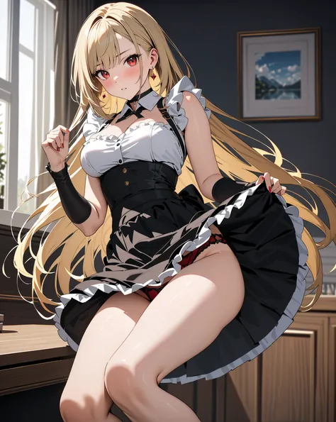  maid clothes, whole body, blush,  Lift Skirt ,  red underwear, Kitagawa Marin, 1girl, blonde hair, long hair, multicolored hair, red eyes, jewelry, earrings, piercing, black choker, masterpiece:1.5, masterpiece, highest quality, UHD, retina, masterpiece, ...