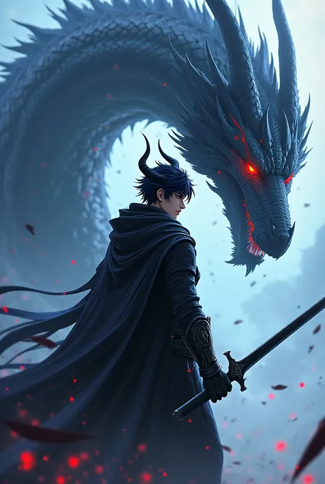 A man with black hair has black horns, wears black clothes, holds a black sword and there is a dragon behind him anime