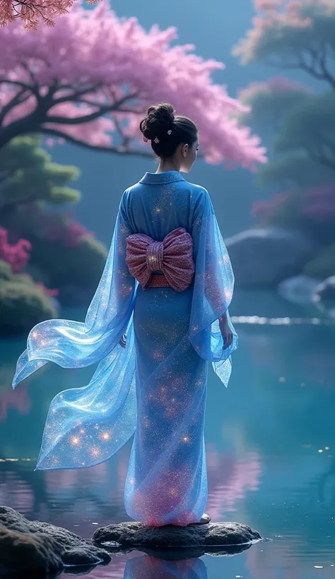 A tranquil scene in a surreal fantasy world: a woman stands by a crystalline lake, her kimono made of translucent, flowing material that seems to shift colors like the aurora borealis. The kimonos design features ethereal patterns of galaxies and stars, gi...