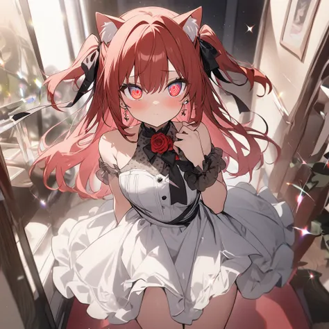  1 girl, masterpiece,  top quality ,  cute、 girl、 two side up,  black hair,  red hair、Cat ears,  red eyes,  dressチュール赤、 sparkle、Earrings、Rose、Transparent eyes　 dress