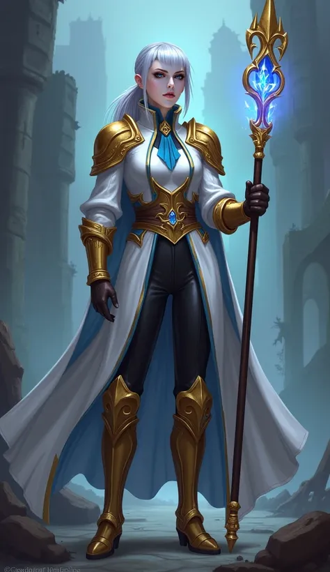 A full body view of Imperial Knightess Silvanna from Mobile Legends with sleek, platinum or silver hair tied back into a polished low ponytail, combining elegance and practicality. The hairstyle features soft, swept-back bangs that gently frame the face, a...