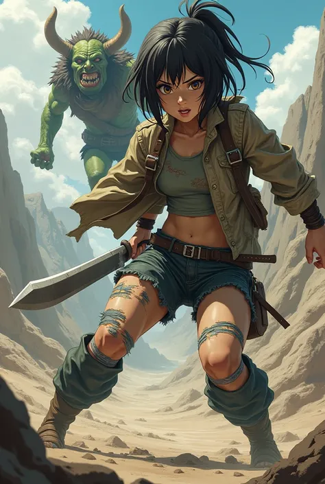 Anime girl, survivor, ripped clothes, aesthetic, wasteland, machete, attacked by goblin