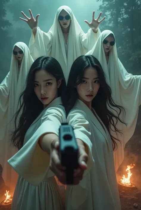  action horror movie poster with two beautiful Asian women holding a gun and pointing it at the camera,  with serious face .  behind are some ghostly figures floating in the air in white clothes, creepy pale face and  ,  long hair , long nails, terrorizing...