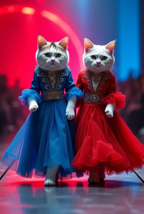 Create an image in red blue 
A couple of cute cat dress up as well same matching in runway walk with heavy dress and as well make-up jewelery