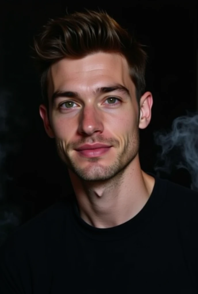   brunette with green eyes , in a black T-shirt.  His gaze from under his brow .  The hair is short and stylish .  His face is clean-shaven ,  without stubble or beard. Thick low-set eyebrows. Lips arent plump . The background is dark. There is smoke aroun...