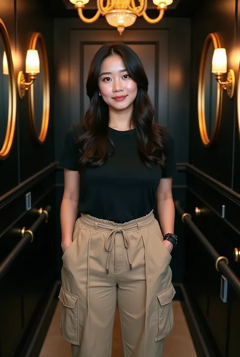 A stunning photography fisheye lens standing pose in a luxury black wall hotel toilet, with luxurious wall hangings, luxurious chandeliers, luxurious round mirrors. of a beautiful korean woman, plump chubby, with a long black mixed blonde hairstyle, wearin...