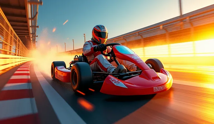 A thrilling and dynamic YouTube thumbnail featuring a high-speed karting race. A racer in a helmet and racing suit driving a go-kart at full speed on a curving track. Vibrant colors with a mix of red, yellow, and blue tones to create a sense of energy and ...