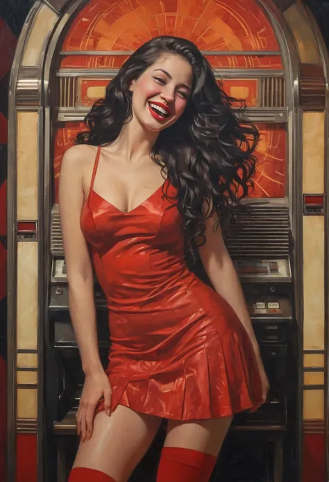 painting of a curvy, athletic sexy girl, laughing, long wavy black hair, tight red miniskirt, stockings, dark room, jukebox, sexy, erotic, (art inspired by Bill Sienkiewicz). oil painting) art deco painting, art deco era), art deco portrait, georgy kurasov...