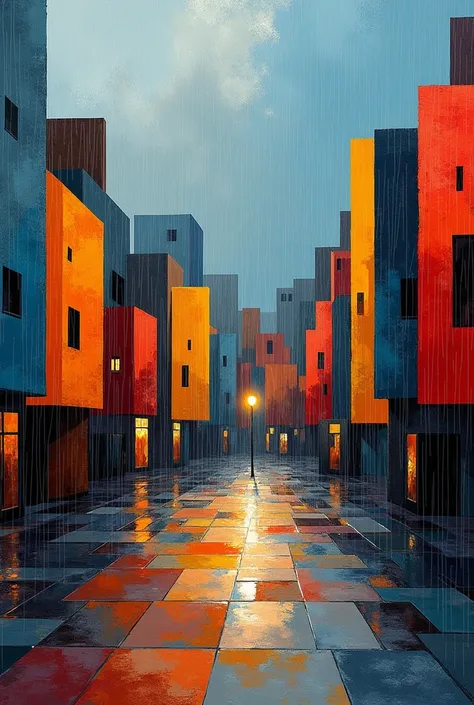 Cubist artwork of a square in a town raining,  bright colors , 9k, masterpiece