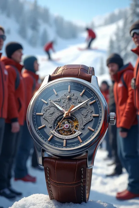  handmade watch from an ancient brand  ,  with surprised spectators in the background,  realistic style ,  high details,  action scene , Winter sports environment 