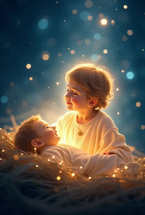 A social media post with a very beautiful blue and Golden shade with shining stars at the background with a inscription " Jesus is born! So let His light shine in your heart this season" on it.