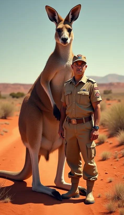 Australia: An Australian soldier in khaki uniform walking beside a giant kangaroo, set in the backdrop of the iconic red outback desert.