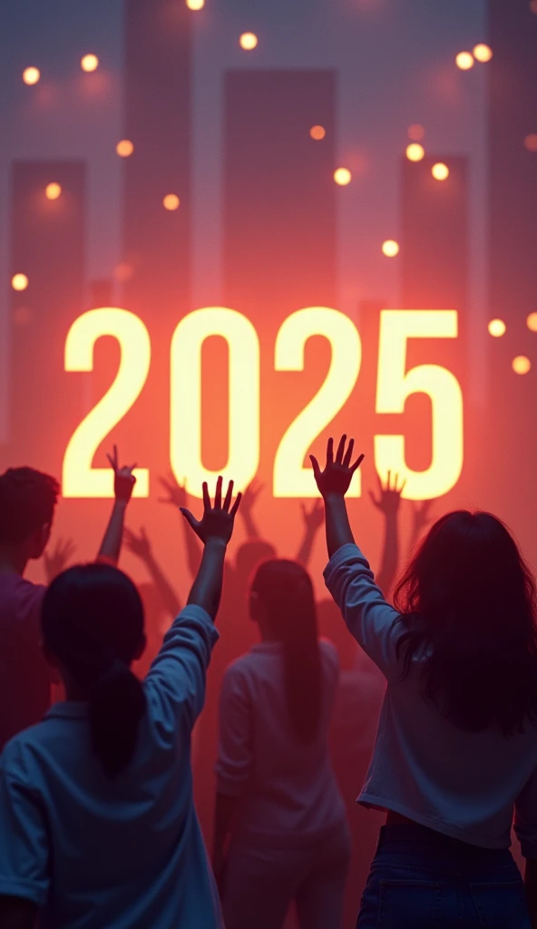 A symbolic transition scene showing the year 2024 fading away as 2025 shines brightly with a calendar, a glowing "2025," and people waving goodbye to the old year. Real photo 