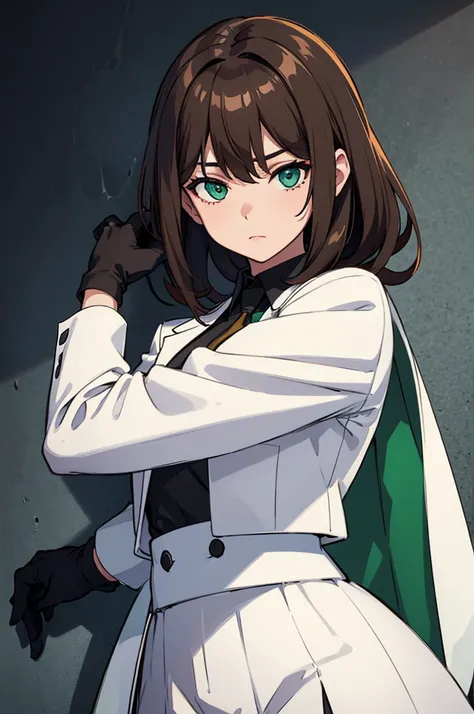 Handsone, solo, female, mafia, black shirt, white pant, black gloves, white coat, medium hair, brown hair, light green eyes