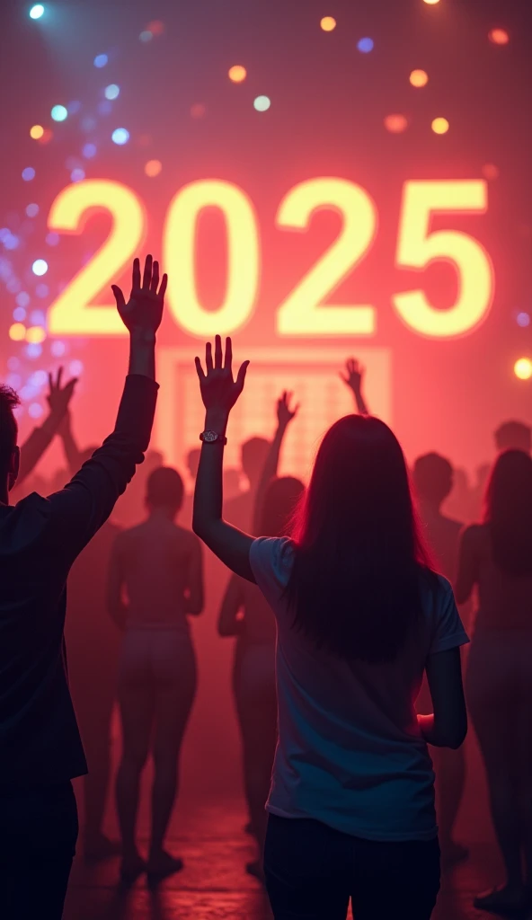 A symbolic transition scene showing the year 2024 fading away as 2025 shines brightly with a calendar, a glowing "2025," and people waving goodbye to the old year. Real photo 