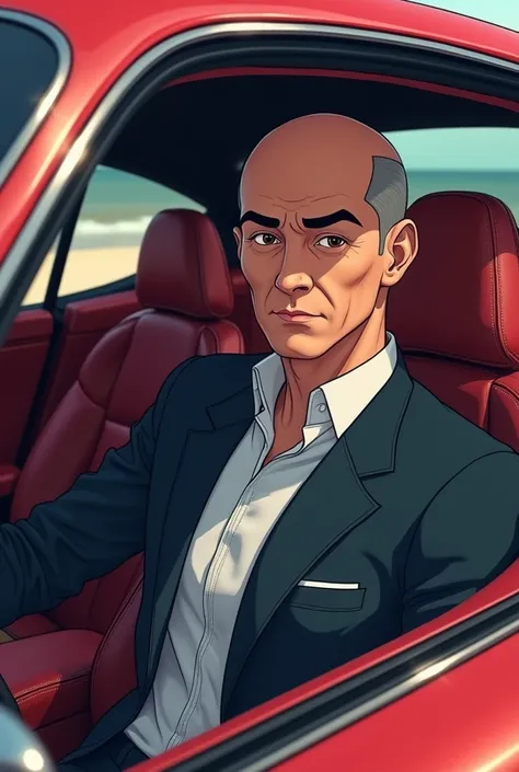  A man with slightly dark skin,  almost bald , sitting in an expensive car ,  anime style 