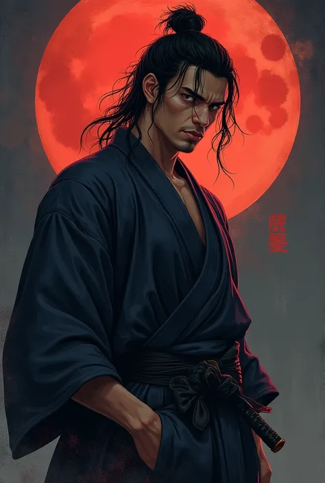 A modern take on Japanese kaiga (Painting) style painting mixed with anime style art of a rugged dark haired Japanese samurai wearing a dark kimono and standing in front of a dark beautiful background.
