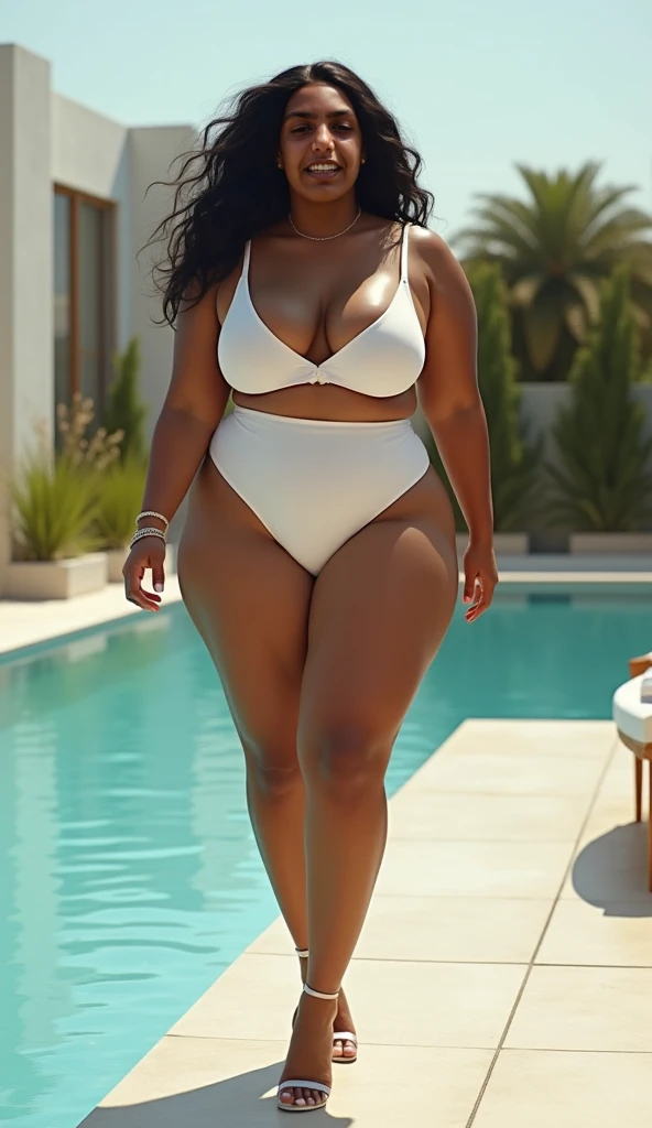 Cardi b type figure women walking near pool at house rooftop, wearing white swimming bra and hipster panty , laughing,full body view,high heals,