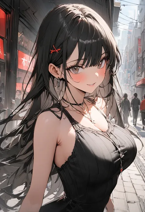 (1 person,  slim, big breasts,bangs, black hair long hair ,slope_eye),break,(Meet me on the street,Me and happiness ),break,  conceptual art  , masterpiece,  super detailed ,  attention to detail,  High Quality , 最 High Quality ,  high res