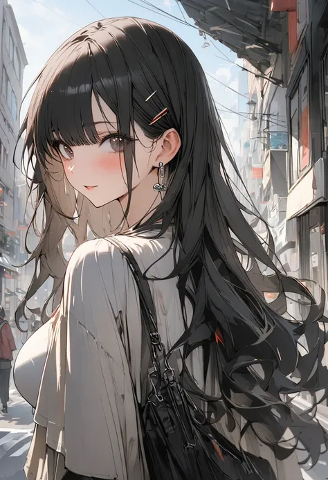 (1 person,  slim, big breasts,bangs, black hair long hair ,slope_eye),break,(Meet me on the street,Me and happiness ),break,  conceptual art  , masterpiece,  super detailed ,  attention to detail,  High Quality , 最 High Quality ,  high res