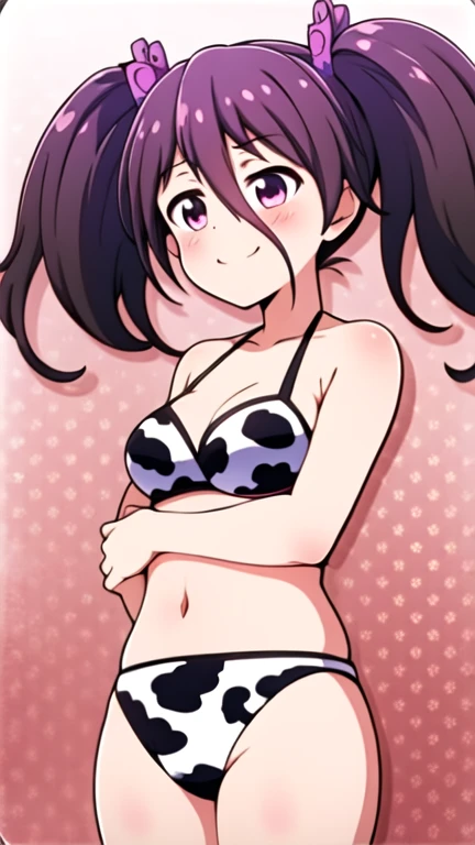  a girl, Alone, purple hair, twintails, sonrisa, cow print bikini