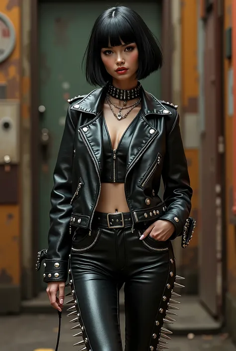 pants: rivets spiked leather,  leather jacket, leather spiked collar,  posing, vintage frame, bob-cut,