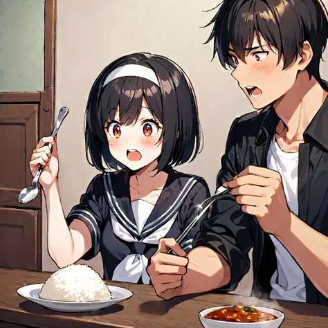 1girl, blush, short hair, open mouth, bangs, seifuku, black hair, red eyes, 1boy, holding, sitting,black jacket, white shirt, short sleeves, hairband, food, open clothes, teeth, indoors, dark skin, seifuku, cup, sailor, siblings, eating, table, plate, bowl...