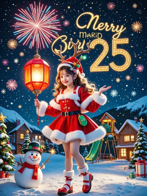 3D cartoon style,a vibrant and colorful New Year celebration is held on the snow-covered paradise square. In the center,a happy girl in a red and gold New Year costume waves happily,holding a warm and glowing huge red lantern in her hand. Around her,the sl...