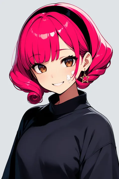 (masterpiece), best quality, extremely detailed, 1girl, solo, shoulder-length fluffy bob haircut, orange pink hair, voluminous ends with outward curls, hair curls at the ends, light and airy ,simple very small black headband, brown eyes,  smiling, light bl...