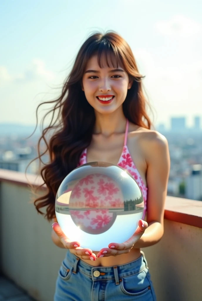  Korean beauty in jeans, smiling and holding a large glass ball on the roof of an apartment building, wearing a pink floral halter top with blue denim shorts, with long, curly and straight hair styled with bangs. The photo was taken from behind her as she ...