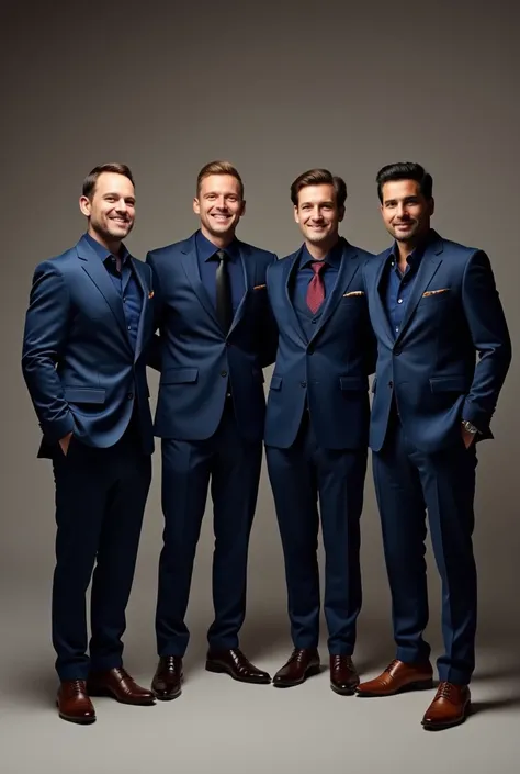 Four guys standing on stage in navy blue suits standing together,  radiating elegance and confidence .  Their suits have a modern cut ,  with discreet details ,  that add sophistication .  Each guy looks unique thanks to the different accessories , such as...